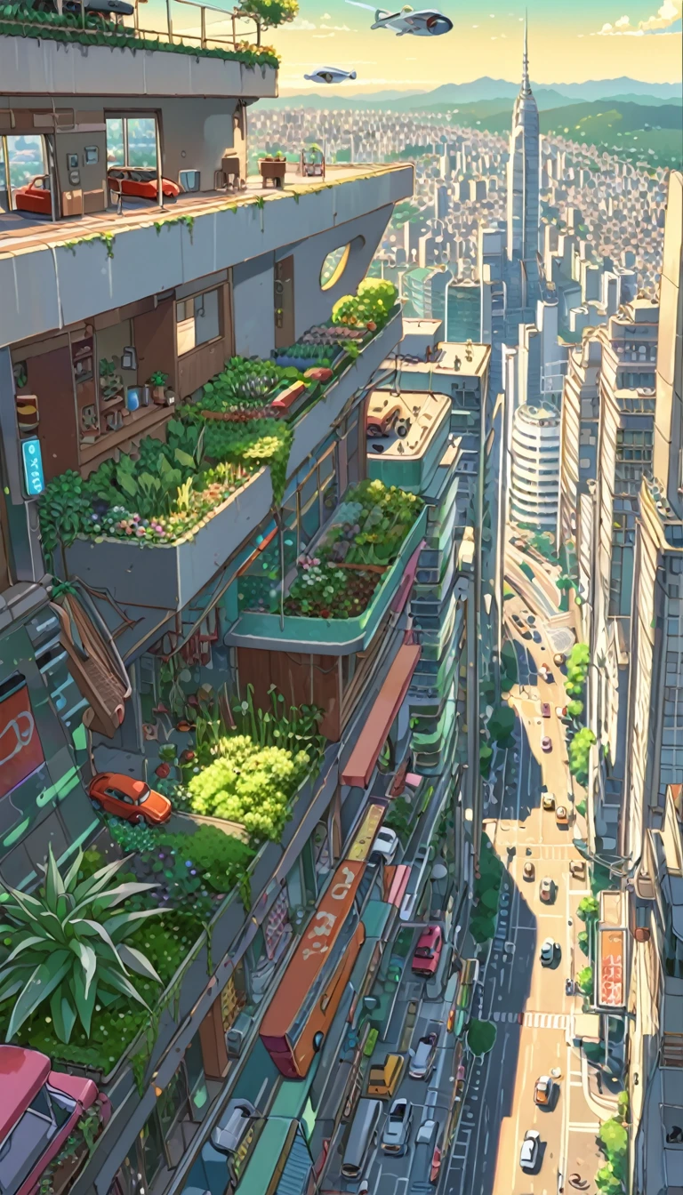 ((anime:1.4,illustration)),(masterpiece, top quality, best quality),(ultra-detailed, absolutely resolution),((16k, high res)). BREAK {lofi art, style of Laurie Greasley, style of Makoto Shinkai, anime aesthetic}, BREAK {I'm looking down on a city in the future, lots of skyscrapers with many plants, cars flying in the sky, sunny afternoon,}