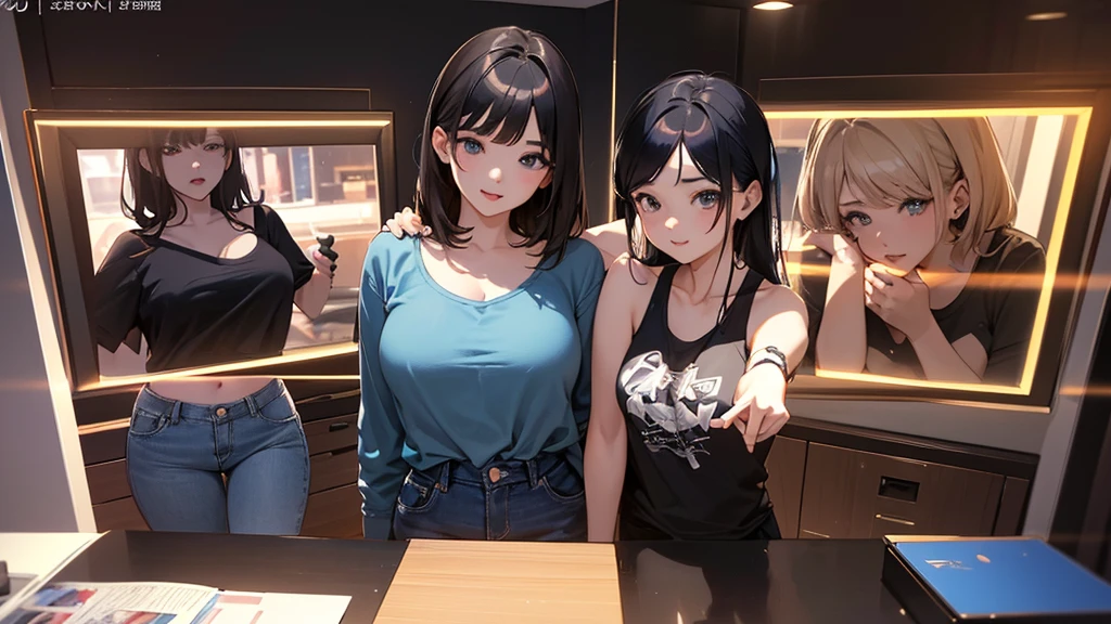 Album cover、masterpiece, Highest quality, Three Girls、Hugging portraits、K-POP ,Girls group,Tank top、jeans、 8k,High resolution, ( Light_Styler:1.2)(Rainbow:1.2),(Excellent rendering, Stand out in the same class), (Amazing details, Excellent lighting, Wide-angle), Big Breasts(0.6), Detailed Background、Ultra-detailed details、