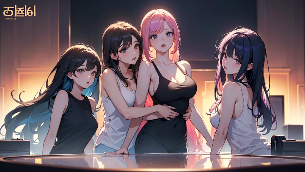 Album cover、masterpiece, Highest quality, Three Girls、Hugging portraits、K-POP ,Girls group,Tank top、Idol、8k,High resolution, ( Light_Styler:1.2)(Rainbow:1.2),(Excellent rendering, Stand out in the same class), (Amazing details, Excellent lighting, Wide-angle), Big Breasts(0.6), Detailed Background、Ultra-detailed details、