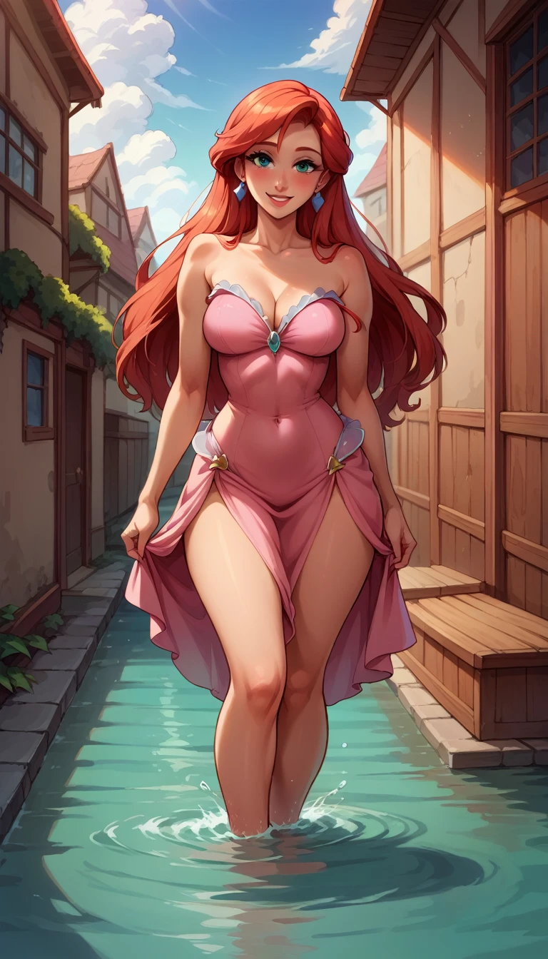 Score_9, score_8_up, score_7_up, rating explicit, source_comic, detailed soft lighting, 1girl, (Ariel from the Little Mermaid, red hair, pink dress:1.0), large breasts, BREAK smile, beautiful eyes, open eyes, (masterpiece, best quality, highly detailed, beautiful), walking, (town alley:1.2).