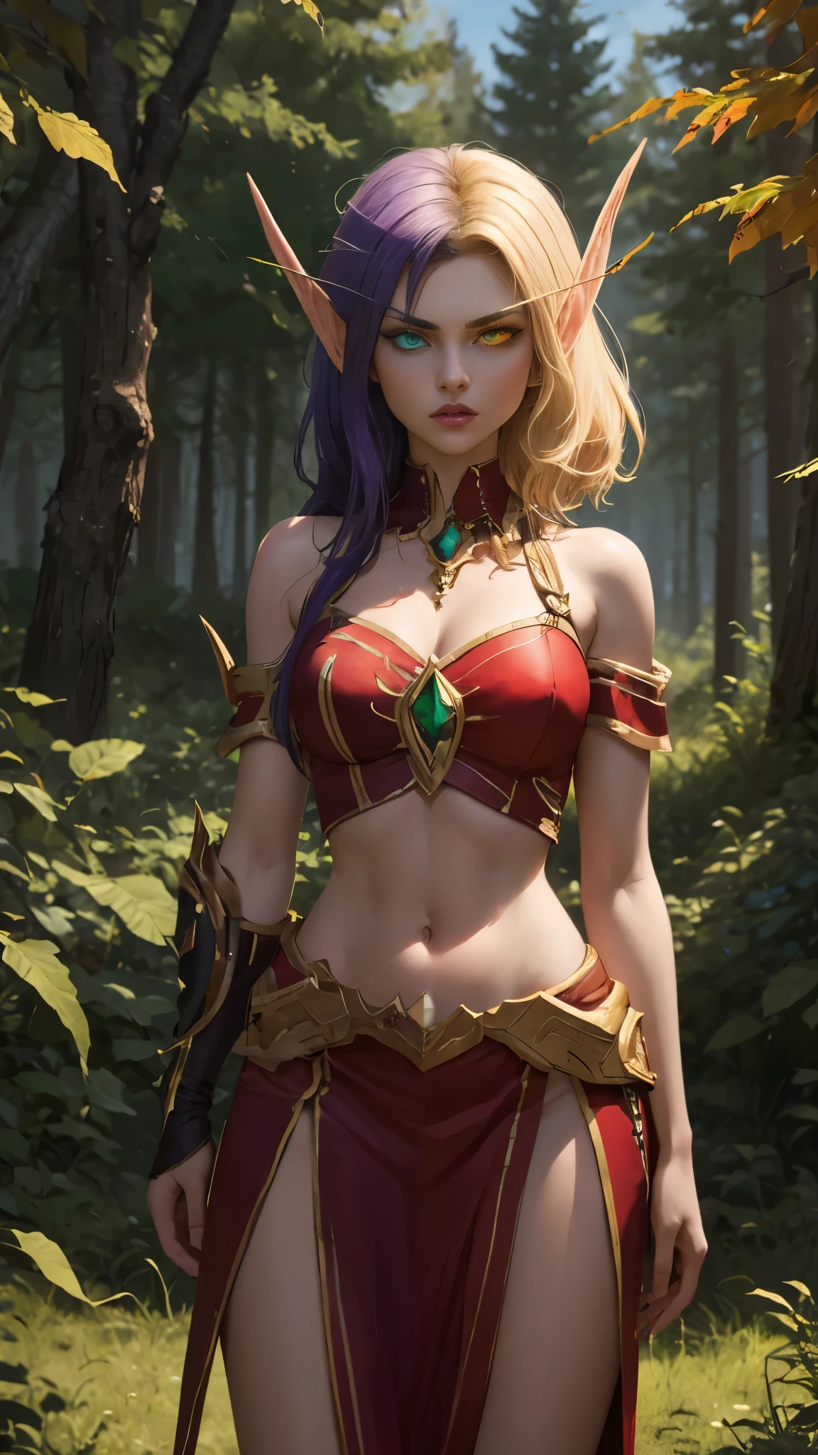 (Masterpiece, highly detailed, highly quality,  highly resolutions), SplitScreen, split screen, BREAK nightelf, angry, clenched teeth, glowing eyes, blue eyes, Purple Hair, colored skin, mature female, purple midriff, navel, purple spike shoulder pad, platinum trim, green leaves, jewelry, looking at viewer, forest, night, bare shoulders, spring season