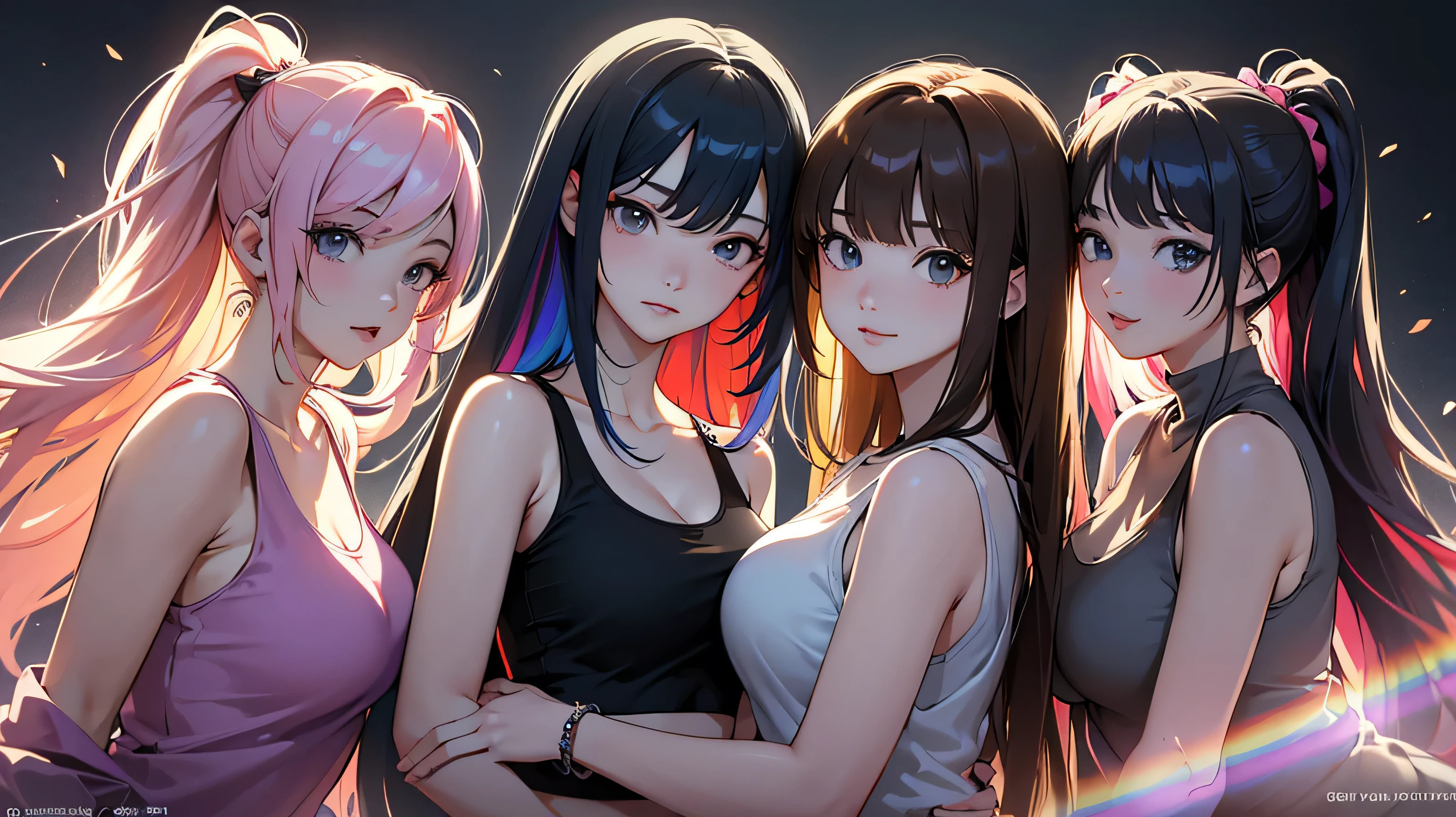 Album cover、masterpiece, Highest quality, Three Girls、Hugging portraits、K-POP ,Girls group,Tank top、Idol、8k,High resolution, ( Light_Styler:1.2)(Rainbow:1.2),(Excellent rendering, Stand out in the same class), (Amazing details, Excellent lighting, Wide-angle), Big Breasts(0.6), Detailed Background、Ultra-detailed details、