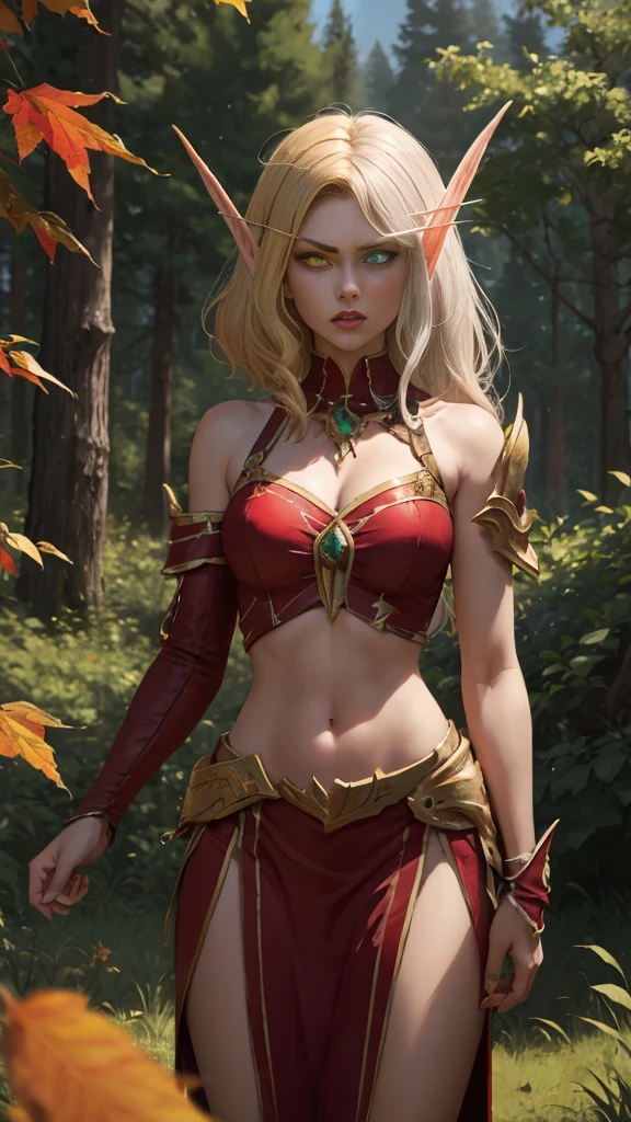 (Masterpiece, highly detailed, highly quality,  highly resolutions), SplitScreen, split screen, BREAK nightelf, angry, clenched teeth, glowing eyes, blue eyes, Purple Hair, colored skin, mature female, purple midriff, navel, purple spike shoulder pad, platinum trim, green leaves, jewelry, looking at viewer, forest, night, bare shoulders, spring season