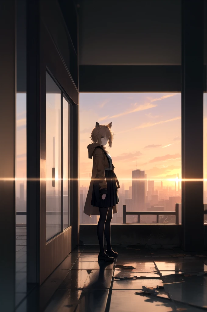 1girl, An anime-style character, female, standing on a ledge overlooking a city in a state of disrepair. The character has cat ears and is dressed in a , featuring a brown jacket and a pleated skirt. She carries a satchel over her shoulder.

The city below appears to be abandoned, with broken and overgrown structures. The warm, golden light of the setting sun casts long shadows and bathes the scene in a soft glow, creating a beautiful yet poignant contrast with the surrounding decay. The sky is partly cloudy with a few scattered leaves or debris caught in the breeze, adding to the sense of desolation and quiet.

The overall composition evokes a sense of solitude and contemplation, as the character gazes at the distant horizon, suggesting themes of resilience, hope, or a journey.