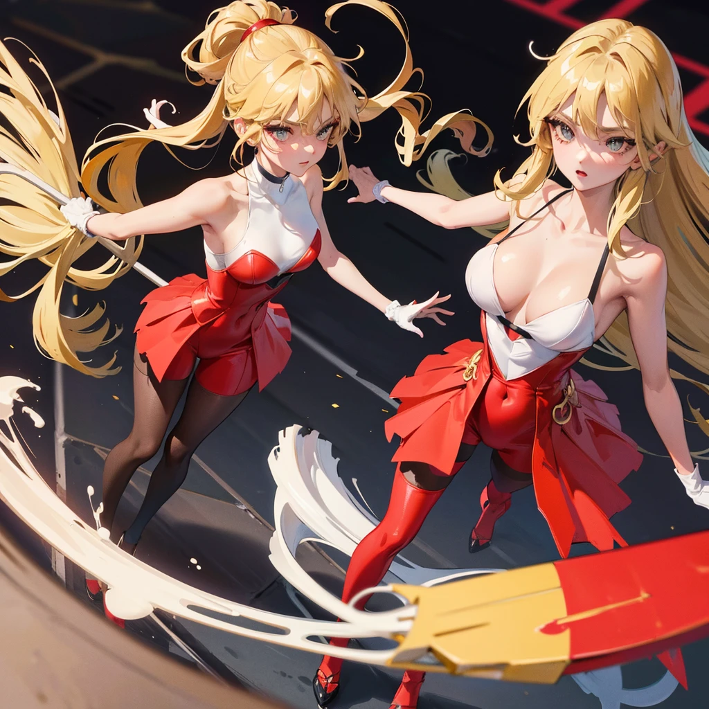 scene of a beautiful girl with long, stunning blonde hair standing on a sophisticated rocket surfboard. the girl wears a red modern costume. he surfs on a pine forest river with a very beautiful UHD view. Anime style. hyper realistic. ultra detail. very detailed. the face and hair are very detailed. Costumes are very detailed. Very detailed machine. 3d photo. bold shadows and light. 