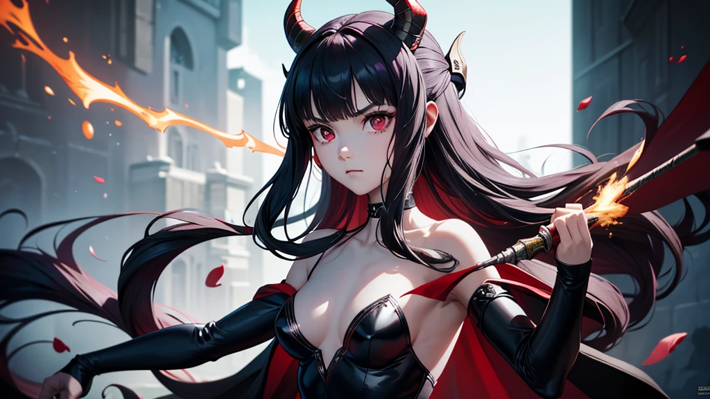 1girl, solo, absurdres, best quality, human demon hybrid, black long hair, demon arms, black horns, glowing red eyes, (((skinny))), ((super skinny)), skin to the bone, extreme skinny, skinny, flat chested, small breasts, flat chest, holding long spear, ((fighting stance))