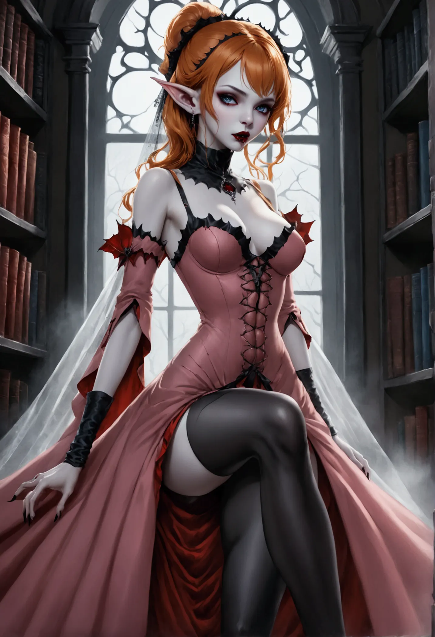 arafed a picture of elf vampire in her castle. an exquisite beautiful female elf vampire (ultra details, masterpiece, best quali...