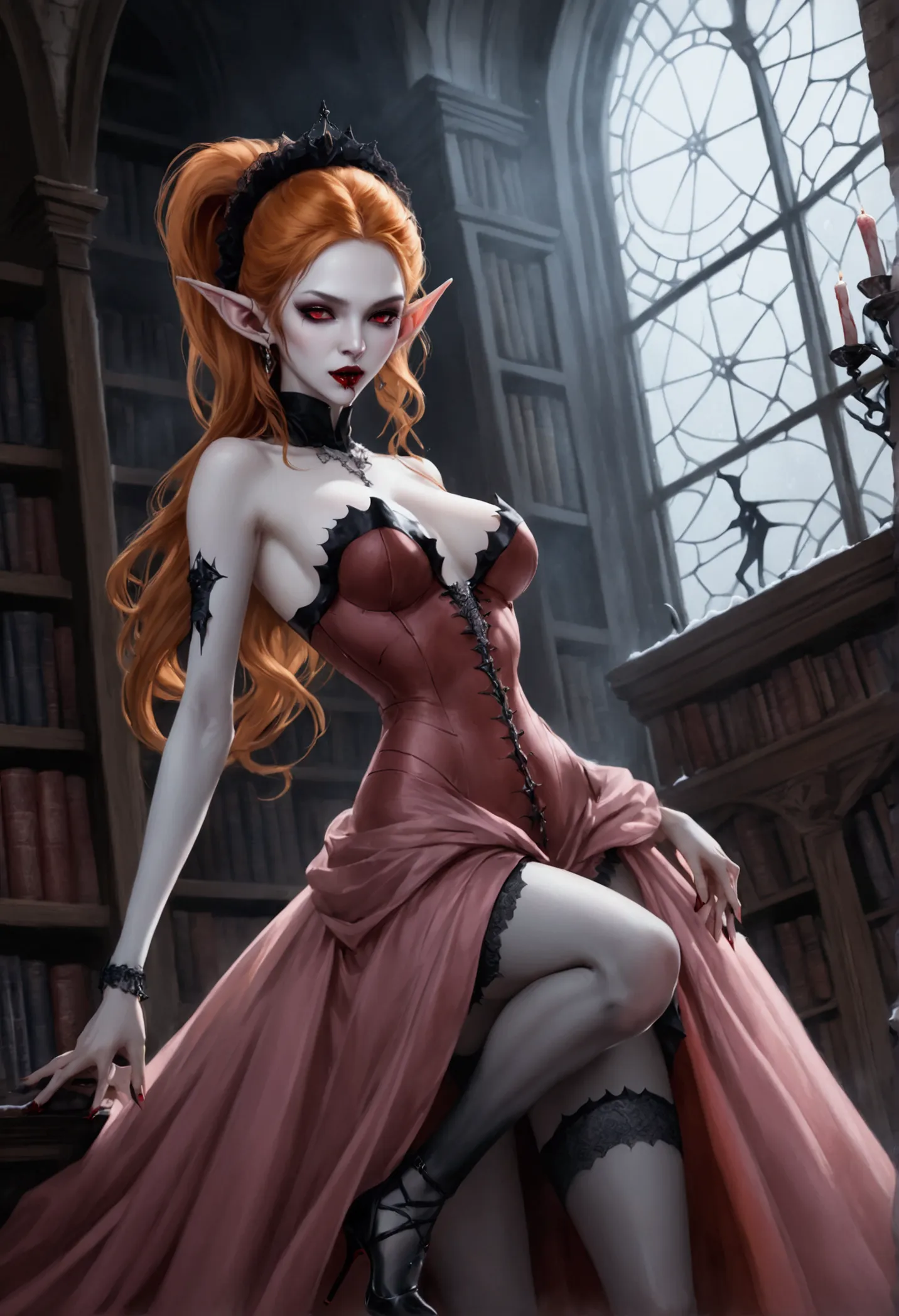 arafed a picture of elf vampire in her castle. an exquisite beautiful female elf vampire (ultra details, Masterpiece, best quali...