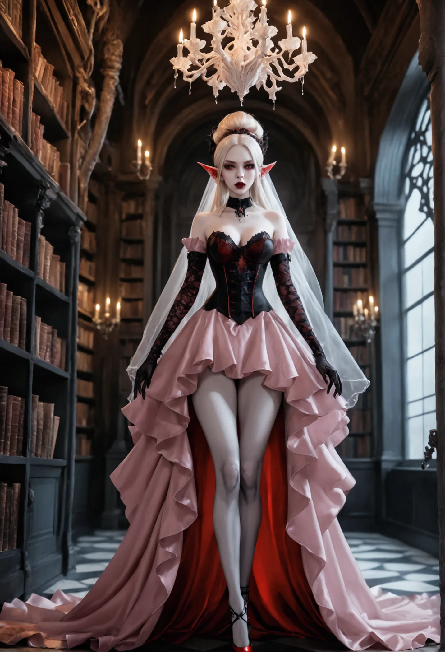 arafed a picture of elf vampire in her castle. an exquisite beautiful female elf vampire (ultra details, masterpiece, best quali...