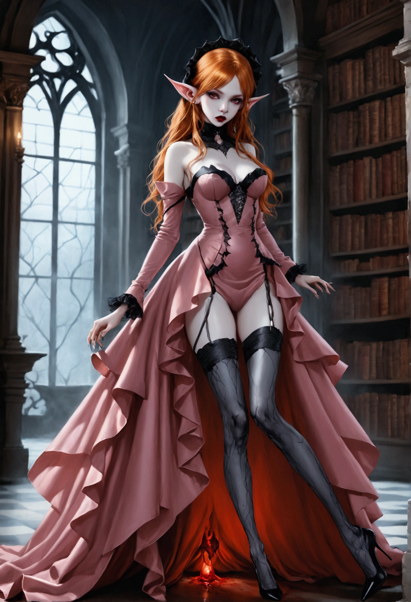 arafed a picture of elf vampire in her castle. an exquisite beautiful female elf vampire (ultra details, Masterpiece, best quality), full body, ((anatomically correct: 1.5) bloody mouth, orange hair, pale skin, hair in a ponytail, long hair, blue eyes, (small pointed ears: 1.2), cold eyes, smirking, wearing pink dress (ultra details, Masterpiece, best quality), red cloak, wearing high heels, in dark fantasy library, book shelves, vibrant, Ultra-high resolution, High Contrast, (masterpiece:1.5), highest quality, Best aesthetics), best details, best quality, highres, ultra wide angle, 16k, [ultra detailed], masterpiece, best quality, (extremely detailed) RAW, dark fantasy art, gothic art, wearing Haute_Couture designer dress, Dark Novel, Dark Art Painting Style, dripping blood, hud_s1n, short black dress, long sleeves, veil, thighhighs, goth person