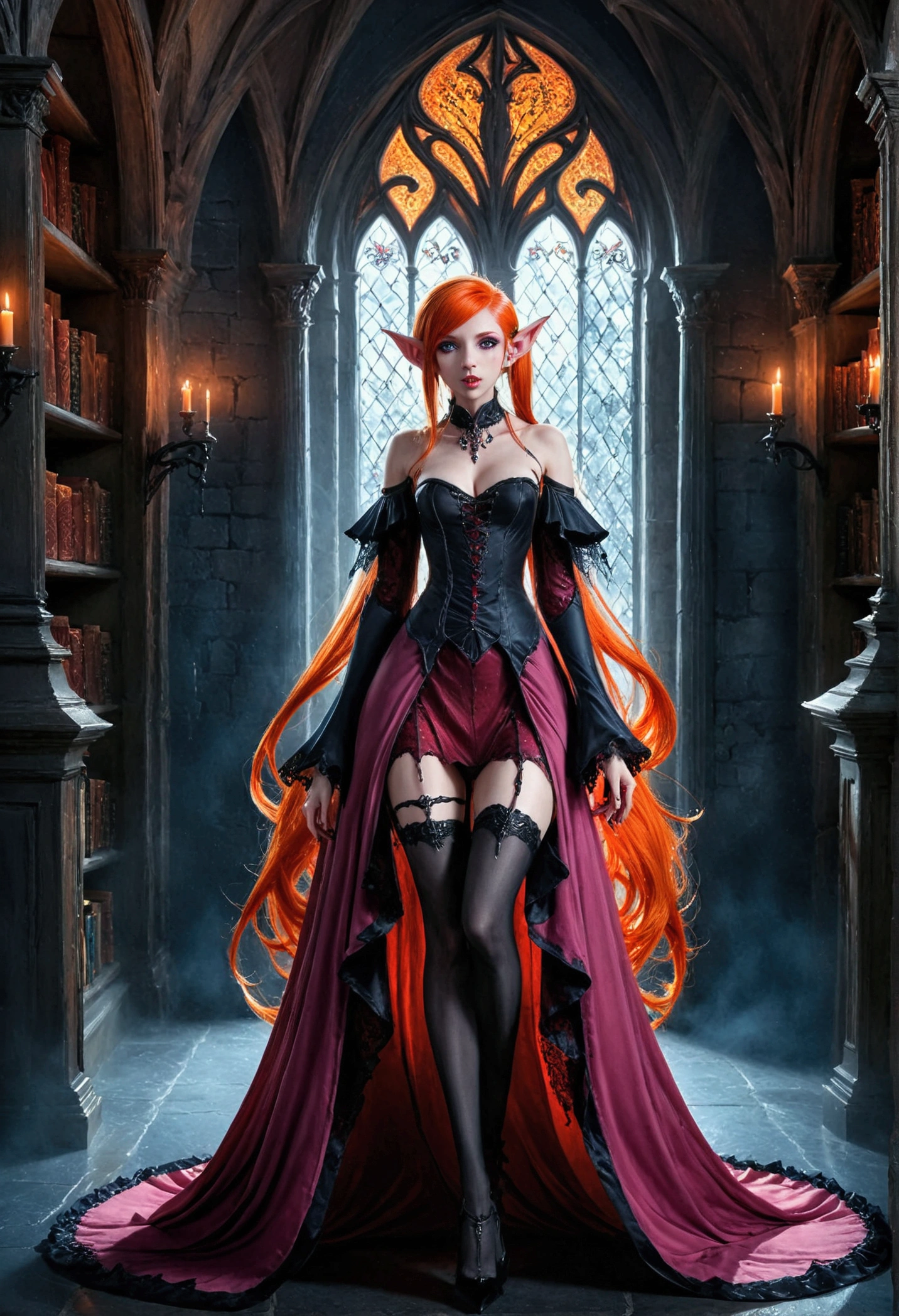 arafed a picture of elf vampire in her castle. an exquisite beautiful female elf vampire (ultra details, Masterpiece, best quality), full body, ((anatomically correct: 1.5) bloody mouth, orange hair, pale skin, hair in a ponytail, long hair, blue eyes, (small pointed ears: 1.2), cold eyes, smirking, wearing pink dress (ultra details, Masterpiece, best quality), red cloak, wearing high heels, in dark fantasy library, book shelves, vibrant, Ultra-high resolution, High Contrast, (masterpiece:1.5), highest quality, Best aesthetics), best details, best quality, highres, ultra wide angle, 16k, [ultra detailed], masterpiece, best quality, (extremely detailed) RAW, dark fantasy art, gothic art, wearing Haute_Couture designer dress, Dark Novel, Dark Art Painting Style, dripping blood, hud_s1n, short black dress, long sleeves, veil, thighhighs, digital painting, Bloodborne