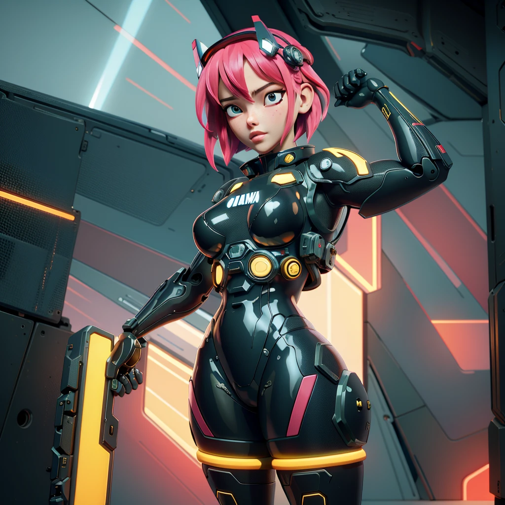 (masterpiece, best quality, ultra-detailed), mecha pilot woman, futuristic pilot suit, sleek and form-fitting with advanced protective gear, helmet with transparent visor and integrated HUD, short hair, determined expression, standing confidently in front of a large mecha, cyberpunk cityscape in the background, neon lights reflecting off her suit, intricate mechanical details, holding a helmet under one arm, high-tech environment, cinematic lighting
