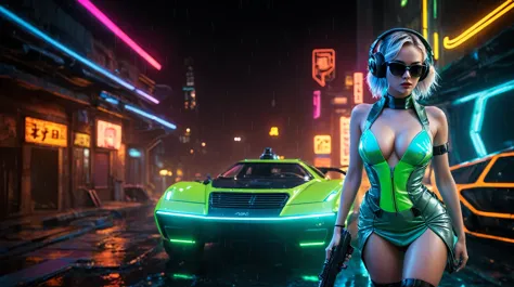 (aerial view, a flying cars docking platform, a very dark abandoned futuristic city, neon lights), rainy night. 1girl, solo, alo...