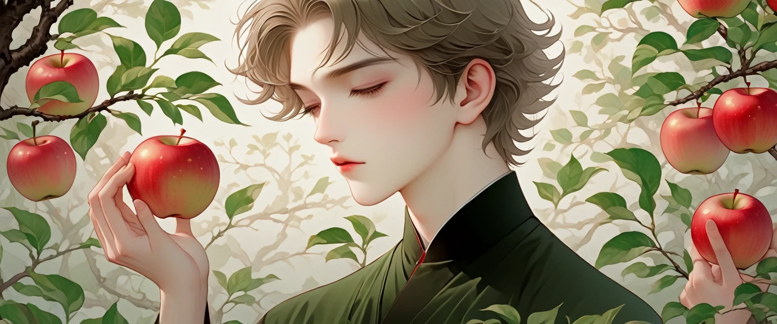 (masterpiece, best quality:1.2), 1 young boy, Pleasant alone,Pretty Face，There are many apples on the apple tree behind me，Red Lipoism Art Nouveau，Illustration style，Black and green，Rose，Chinese elements