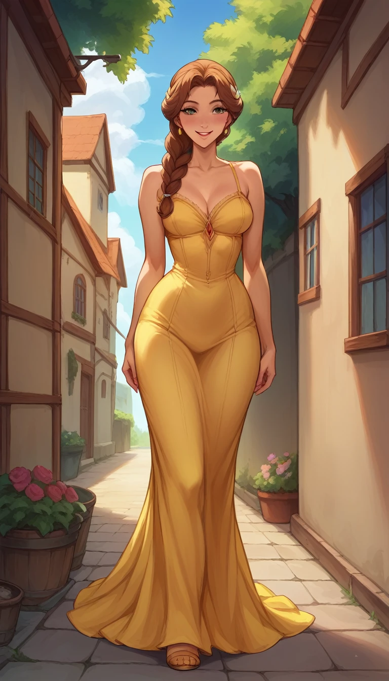 Score_9, score_8_up, score_7_up, rating explicit, source_comic, detailed soft lighting, 1girl, (Disney's Belle, brown hair, braid, yellow dress:1.0), large breasts, BREAK smile, beautiful eyes, open eyes, (masterpiece, best quality, highly detailed, beautiful), walking, (town alley:1.2).