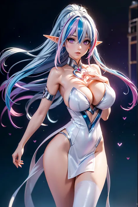 1 elf girl, (beautiful elf lady), elf magician, love and magic, one person solo, (silver blue hair streaked pink purple:1.4), (g...