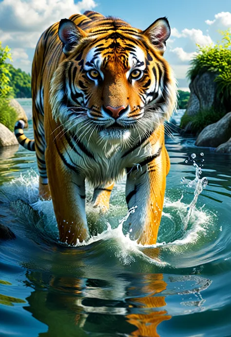 Panorama，A mythical creature in the water，Tiger&#39;s head and dragon&#39;s body(best quality，4K，8k，High level，masterpiece：1.2），...