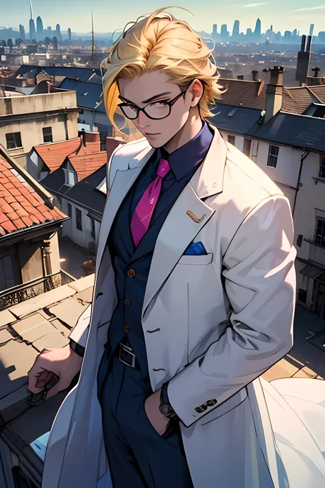 a man with blonde hair wearing a blue suit, a pink tie and a white overcoat with small glasses holding a pocket watch with a cha...