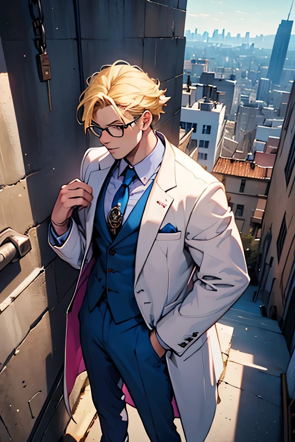 A man with blonde hair wearing a blue suit, a pink tie and a white overcoat with small glasses holding a pocket watch with a chain looking into space on top of a building overlooking a city