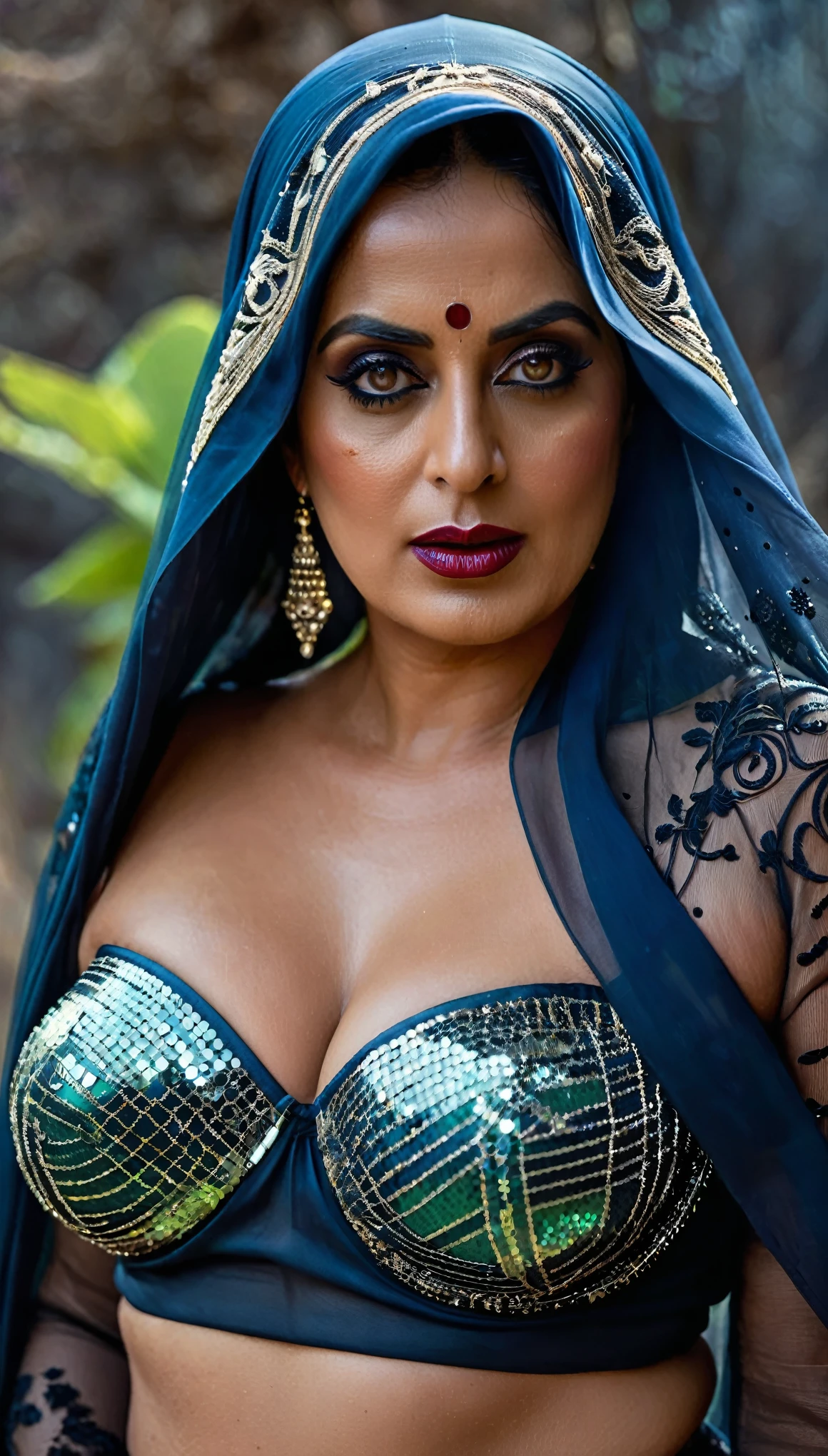 Sieht aus wie Mahie Gill, Full body Closeup shot, Große mollige Tante, milF, Puma Dame Hexe, horny Gothic milF,  70 Jahre alte wunderschöne reife Dame, perverse Dämonin, demoness oF lust, kurvig, Schwarze Lippen, horny Face, extrem wunderschön, thick Figure, schwere Physik, üppig, kurvig, sexy Figure, Fashionable portrait oF androgynous alien looking witch wearing veil, glühende Augen, Futuristic design, minimale Details, Givenchy, Fotorealistisch, 200mm, hd, F/ 2.0, sehr detailliert, surreal, sexy beautiFul evil woman, sexy, auffällige Pailletten-Sari mit trägerlosem BH, Sex, Vampir, horror genre, blutrünstige Zauberin, powerFul Female spirit, unheimlich, tot umfallen, in the style oF red and blue, (komplizierte Details, hyperdetailliert:1.15) (Hauttextur:1.2), dunkler, stimmungsvoller Ton, filmische Beleuchtung, Spukhaus im Hintergrund, 