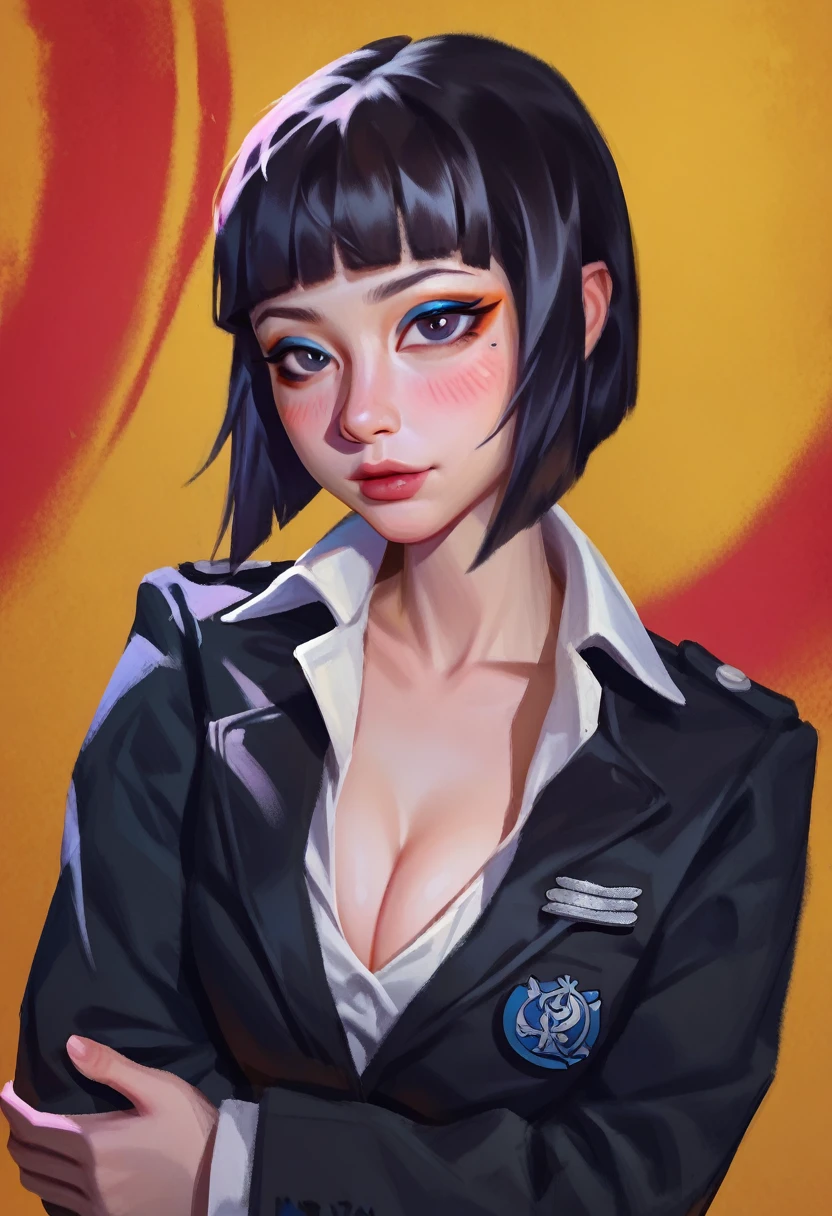 smudgy, traditional art, liu2, brush texture, score_9, score_8_up, score_7_up, score_6_up, score_5_up, score_4_up, BREAK  1girl, solo, portrait, cute girl blushing, pretty, fair , wearing military suit, cleavage, (eyeliner:1.2), looking at viewer,  hime-cut, detailed background, (masterpiece, high quality:1),
