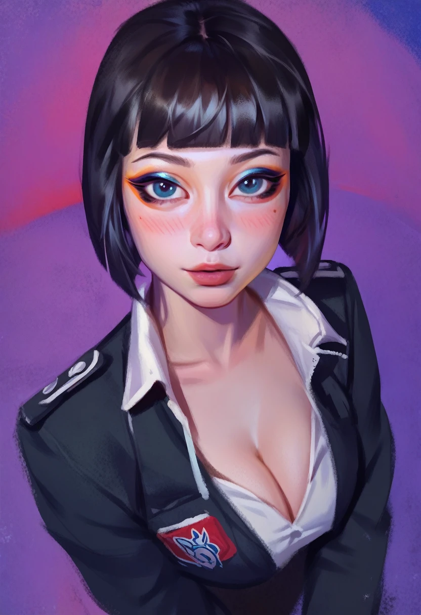 smudgy, traditional art, liu2, brush texture, score_9, score_8_up, score_7_up, score_6_up, score_5_up, score_4_up, BREAK  1girl, solo, portrait, cute girl blushing, pretty, fair , wearing military suit, cleavage, (eyeliner:1.2), looking at viewer,  hime-cut, detailed background, (masterpiece, high quality:1),
