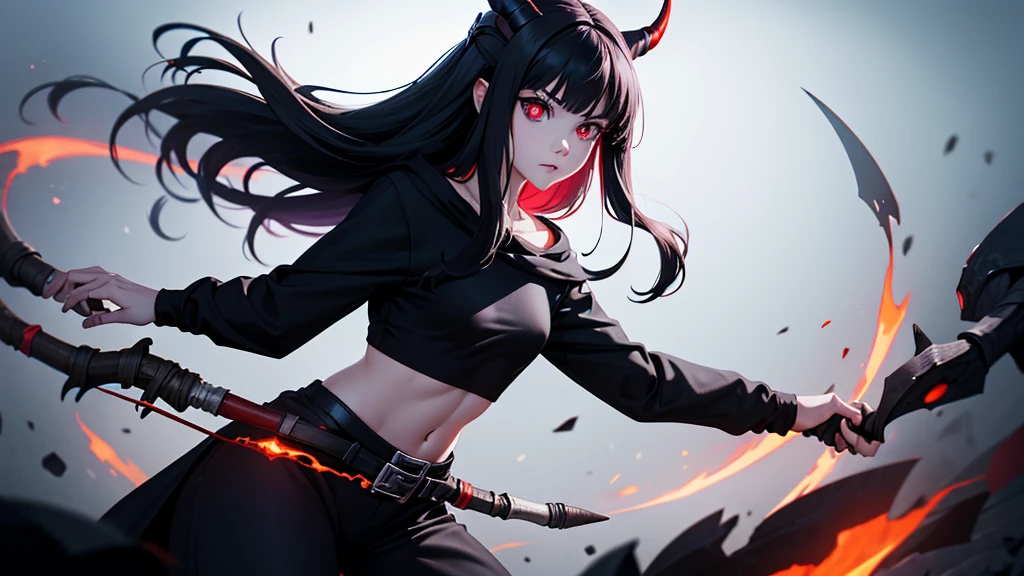 1girl, solo, absurdres, best quality, human demon hybrid, black long hair, demon arms, black horns, glowing red eyes, (((skinny))), ((super skinny)), skin to the bone, extreme skinny, skinny, flat chested, small breasts, flat chest, holding long spear, ((fighting stance)), full body, open clothes, black jacket, white shirt