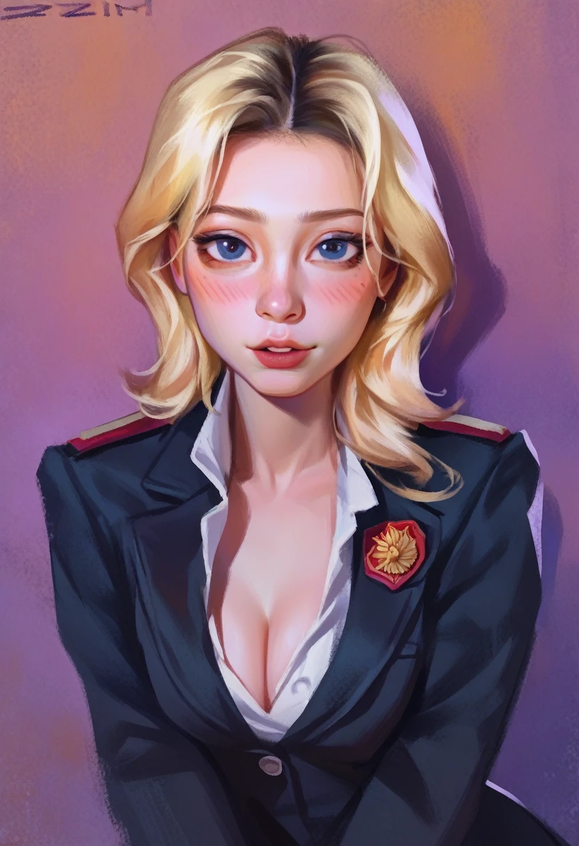 smudgy, traditional art, liu2, brush texture, score_9, score_8_up, score_7_up, score_6_up, score_5_up, score_4_up, BREAK  1girl, solo, portrait, cute girl blushing, pretty, fair, blonde hair, wearing military suit, cleavage, looking at viewer, detailed background, (masterpiece, high quality:1),
