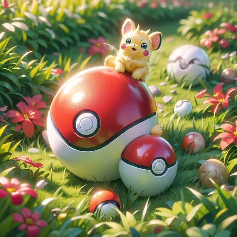 (figure, highest quality, masterpiece, official art:1.1), pokéball, grass floor