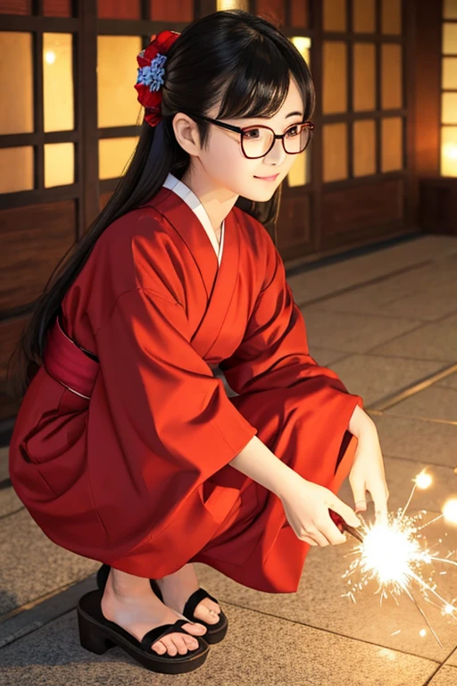 Highest quality、masterpiece、High sensitivity、High resolution、Detailed Description、Slender women、Glasses、Do sparklers、Squatting in a yukata、Wearing Geta、