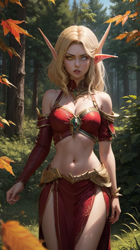 (Masterpiece, highly detailed, highly quality,  highly resolutions), SplitScreen, split screen, BREAK nightelf, angry, clenched teeth, glowing eyes, blue eyes, Purple Hair, colored skin, mature female, purple midriff, navel, purple spike shoulder pad, platinum trim, green leaves, jewelry, looking at viewer, forest, night, bare shoulders, spring season