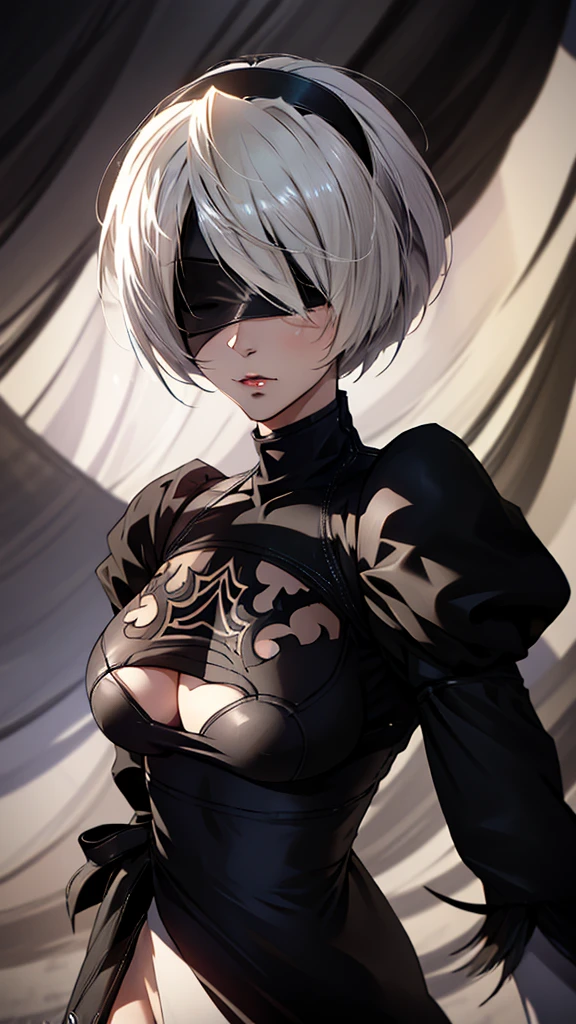 high quality, masterpiece, best quality, 1girl, anime girl with short white hair, a black blindfold, wearing black outfit, perfect body, 2B from nier automata, 2B, detailed face, detailed eyes