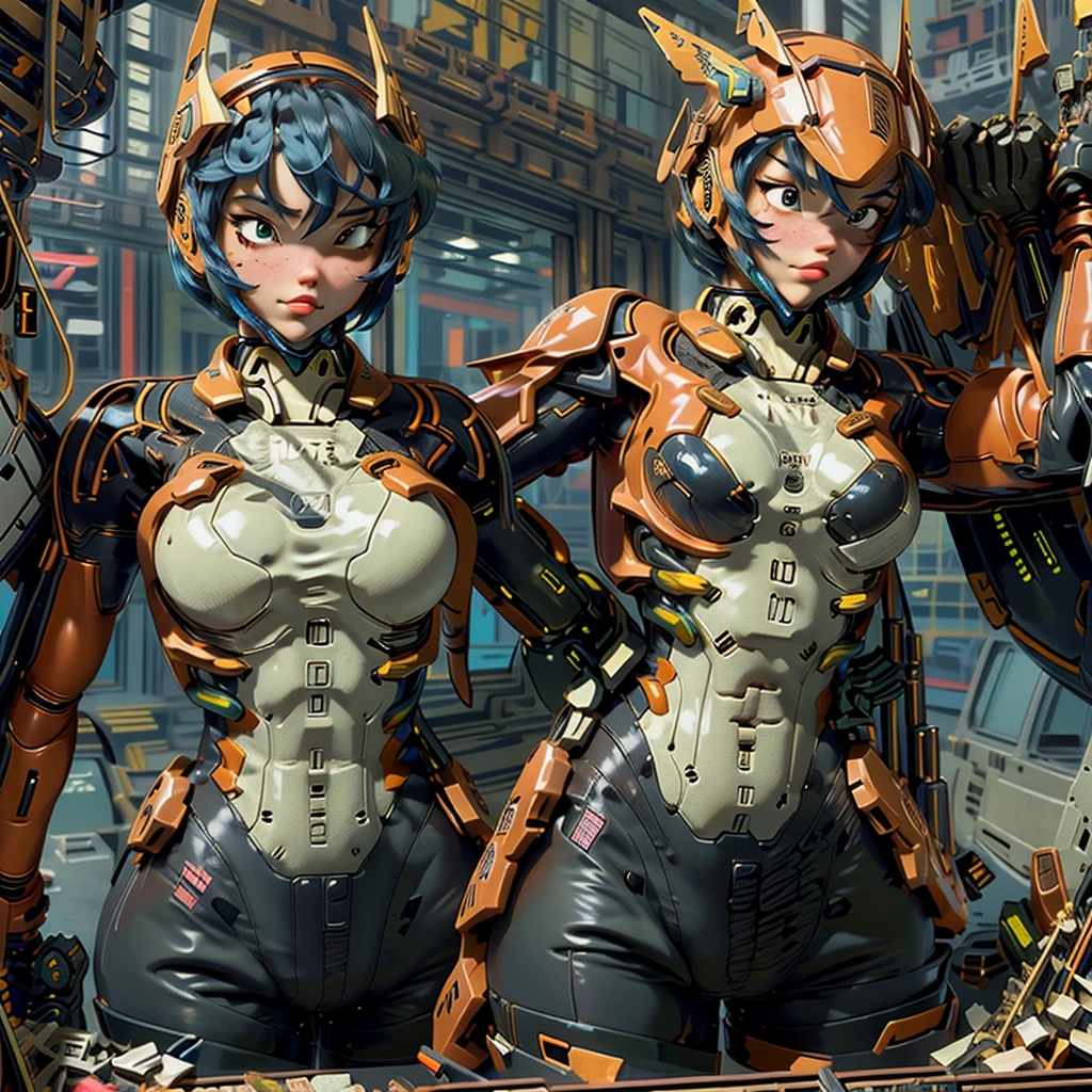 (obra de arte, melhor qualidade, Ultra-detalhado), mulher piloto mecha, Fato de piloto futurista, elegante e justo com equipamento de proteção avançado, capacete com viseira transparente e HUD integrado, cabelo curto, expressão determinada, pare de ficar em pé com confiança na frente de um grande mecha em uma pose sedutora, uma mão no quadril, o outro tocando levemente o mecha, segurando um capacete debaixo do braço, quebrar o piloto fica na frente de um mecha, quebre grandes mechas com detalhes mecânicos intrincados, quebrar a paisagem urbana cyberpunk em segundo plano, luzes de néon refletindo em seu terno, ambiente de alta tecnologia, iluminação cinematográfica