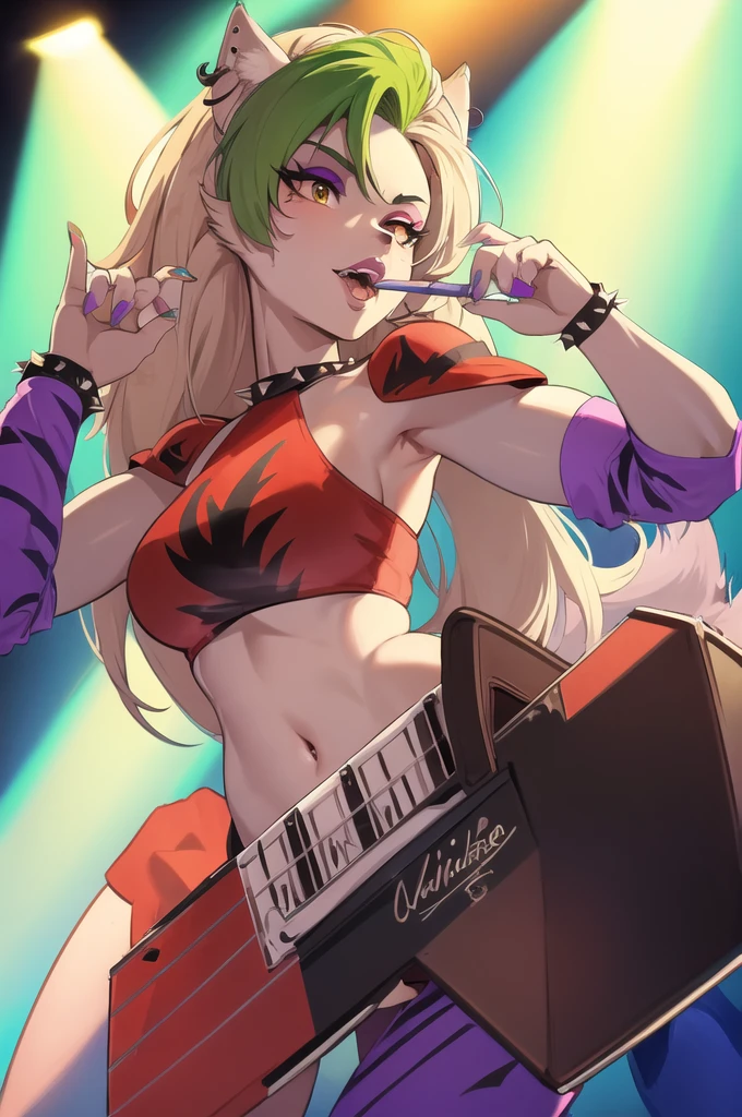 (masterpiece, best quality:1.2), cowboy shot, solo, 1girl, fnafroxanne, furry female, body fur, makeup, holding, instrument, holding guitar, wolf ears, crop top, collar, spikes, jewelry, ear piercing, bracelet, wolf tail, concert, spotlight, large_breasts