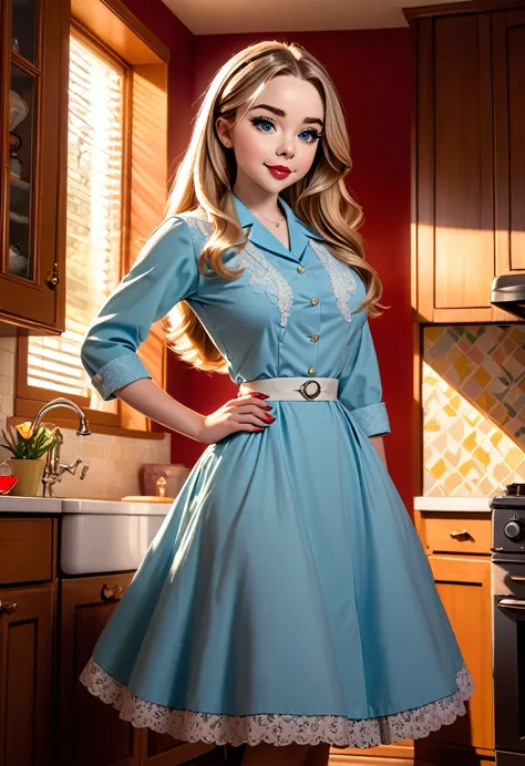 50s house wife. full length. featuring warm lighting and shadows. should be of the highest quality, a masterpiece with intricate...