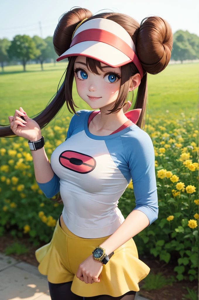 masterpiece, best quality, highres, ro1, hair bun, blue eyes, twintails, visor cap, pantyhose, raglan sleeves, yellow shorts, shirt, pink bow, wristwatch, standing, cowboy shot, field, poke ball \(basic\), smile