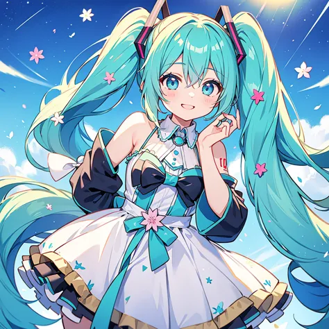 one girl、hatsune miku、twin tails、smile、colorful、lovely、aster&#39;attention-grabbing works、highest quality、perfect face