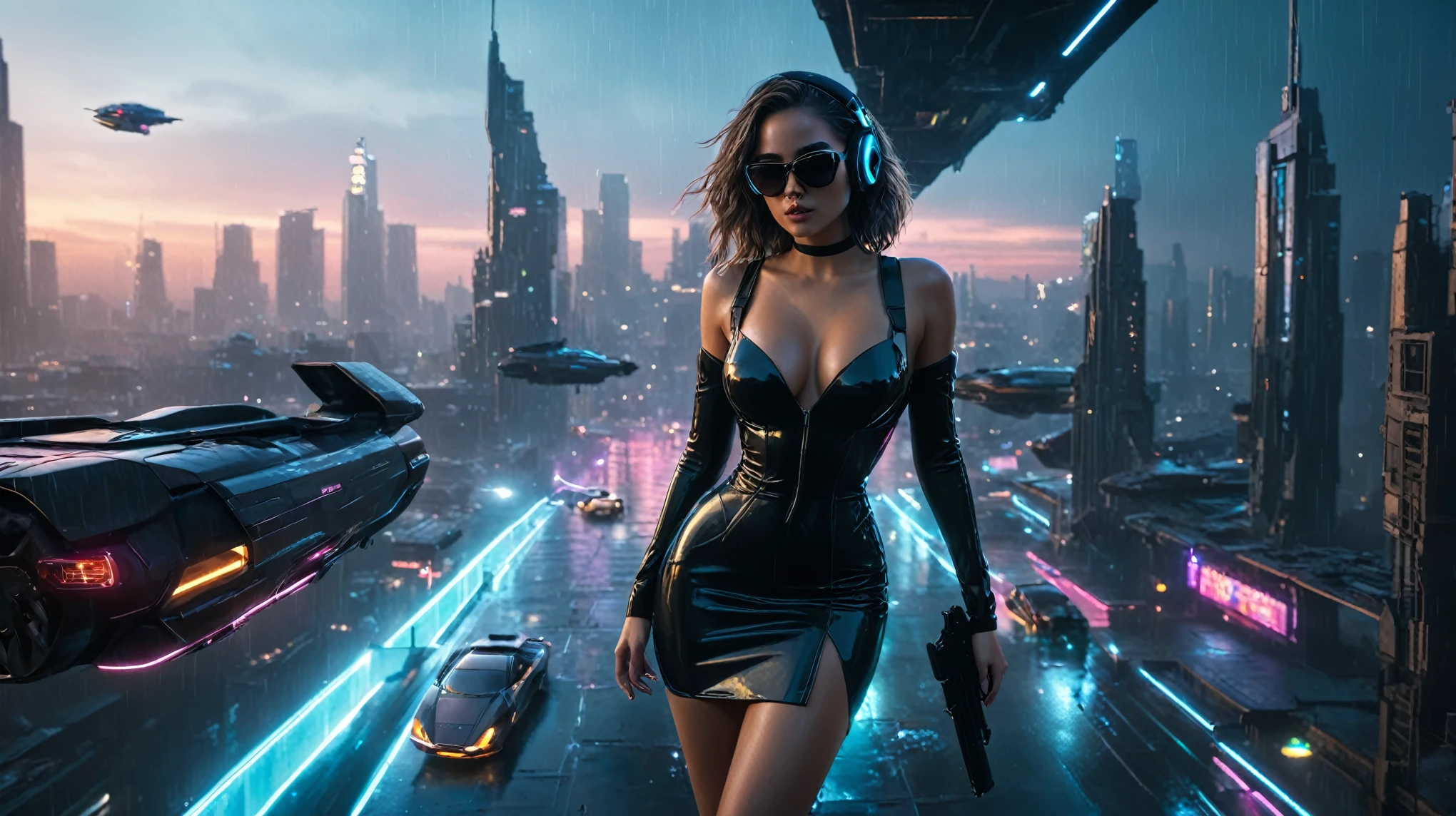 (aerial view, a flying cars docking platform, a very dark abandoned futuristic city, neon lights), rainy night. 1girl, solo, alone, large-breast:1.2 slim body, cleavage:1.1, sexy wind blowing wet dress:1.4, (headphone, black sunglasses), (((she raised a pistol:1.8 and took aim))), dynamic pose, (((half-body thigh level medium shot))), cinematic lighting, lens flare, ray tracing.