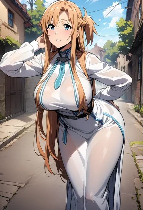 masterpiece、highest quality、asuna ,mature woman、 alone,backstreets、side ponytail、leaning forward、big breasts、white dress、