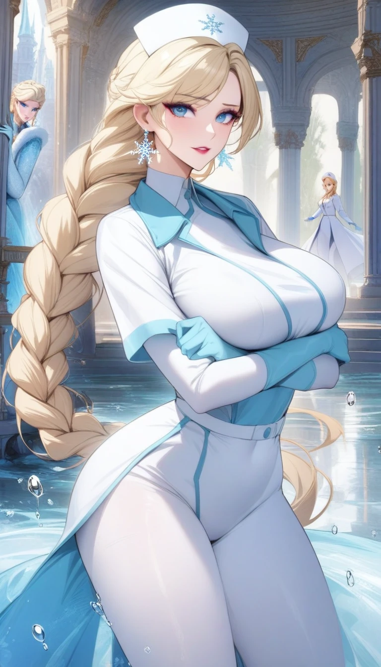 masterpiece, best quality, very aesthetic, absurdres, 1girl, mature_lady,white_clothes,nurse_suit,,elsa_(frozen), frozen_(disney), 1girl, blonde_hair, blue_eyes, braid, medium_breasts, single_braid, earrings, snowflake_earrings, eyeshadow, makeup, long_hair, very_long_hair,,in a palace,floating droplets of water,