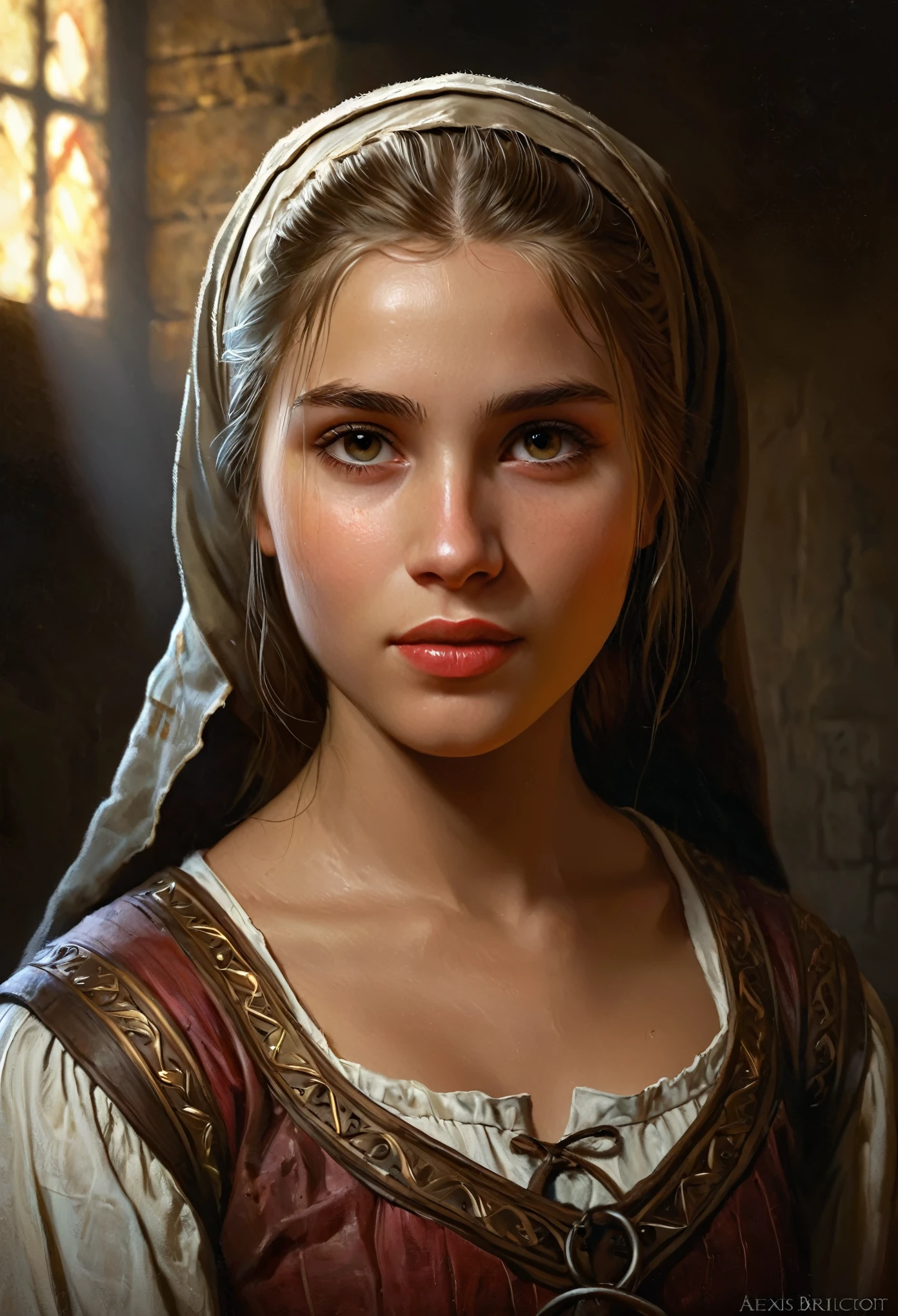 Style by Style Style Crypt Award winner, Spectacular oil painting of a beautiful medieval peasant girl, 15yo, (seductive expression:1.2), erotic espression, an ominous, evil, (Backlight:1.3), Digital Painting, concept art, Smooth, Sharp focus, Three-part method, Dark fantasy,Intricate details, art：Alexis Briclot, Medium Shot, (Shallow depth of field:1.3), grin seductively, She is in sexual climax. erotic, sexy, seductive, moistskin, hyper detailed skin texture, 