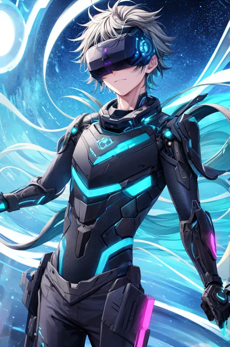 best quality, head-mounted display,
(1 boy), twink, exposed abdomen, surrounded by azure neon, blone short messy hair, short flo...