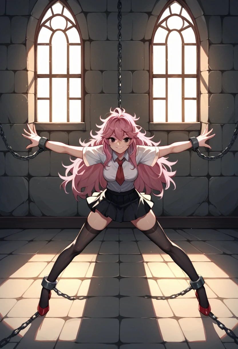 score_9, score_8_up, score_7_up, score_6_up, score_5_up, score_4_up, source_anime, 1woman, floor, pink hair , long hair, black eyes, w-w-chain, shackles, spread arms, smile, messy hair, black topics, skirts, black stockings, red high heels, windows, evening, dungeon, best quality, best res, 4K UHD,
 close-up, Looking at the viewer, 