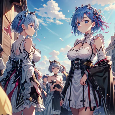 1
a group of people standing in a courtyard with a lot of people, large crowds of peasants, kawacy, popular isekai anime, genshi...