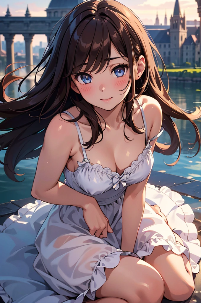 masterpiece, 1 girl, beautiful girl, smile, close up, detailed face, detailed eyes, detailed pupils, round pupils, blue eyes, brown hair, long hair, bangs, equal length bangs, small ahoge, bare shoulders, blush, medium breasts, white dress, frilly dress, looking at viewer, fantasy, european, castle in background, architecture, outdoors, best quality, high res, ultrasharp, high detail, sharp focus, dramatic, beautiful lighting, real life, intricate, caustics, subsurface scattering, reflections, (photorealistic:1.5), (ulzzang-6500:0.5), (RAW photo, 8k uhd, film grain)