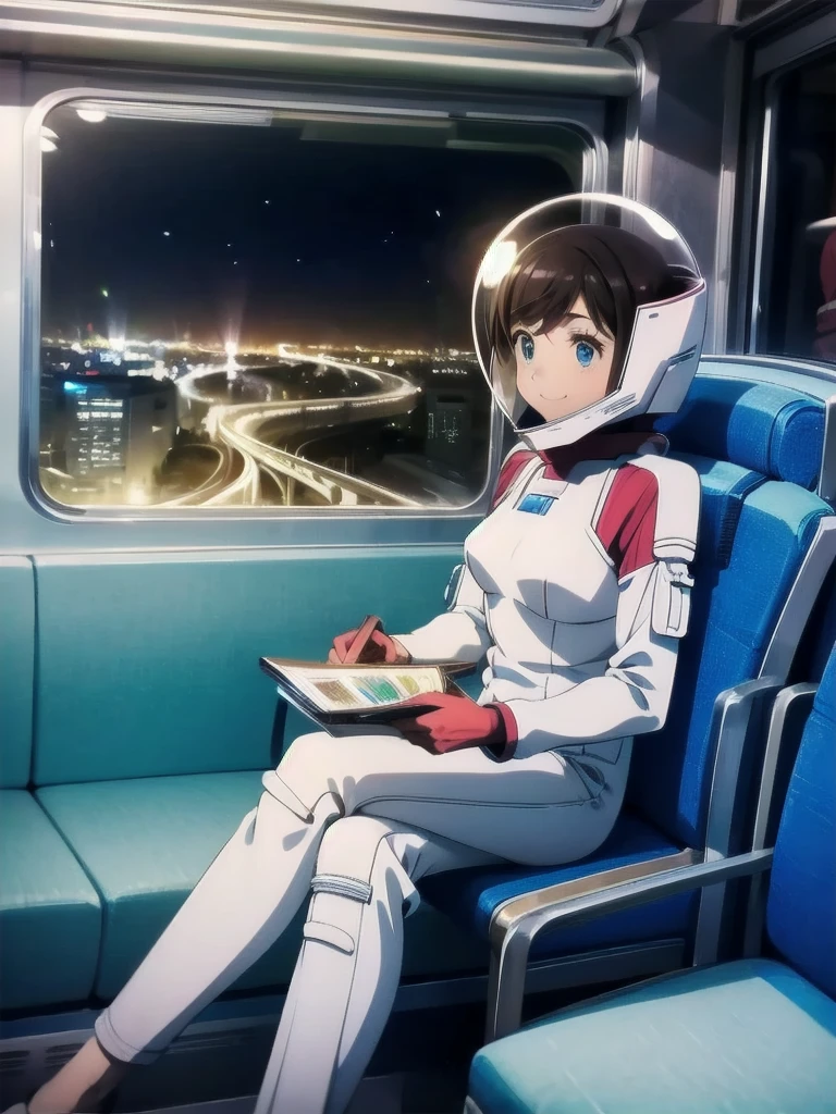 space helmet, (cinematic scene, sitting on a chair, train interior, , city view, night view: 1.5), space helmet, eva helmet, space suit, astronaut), smile bubble helmet, very detailed, speed helmet, bubble helmet, ,upper body, astronaut),eva helm, spacesuit , astronaut),girl, wearing a (spacesuit:1.15), white cargo pants