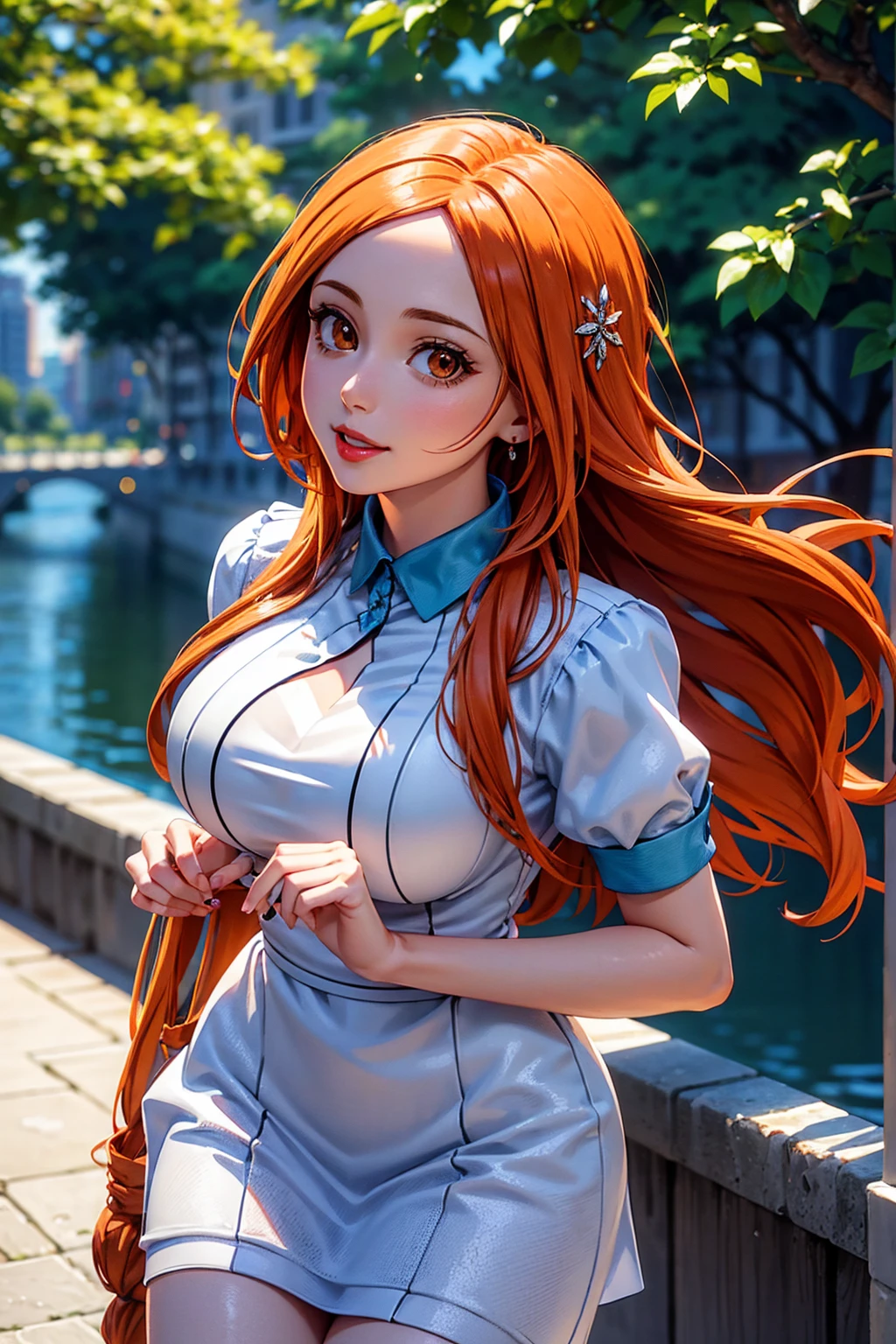 rich in detail:1.5, high resolution, Natural strokes and colors, natural lighting, face detailed, detailed hair, eye detailed, detailed nose, detailed lips. an adult and beautiful girl:1.9, wearing a short sleeve dress, with red lips, city with beautiful sun, with long orange hair, e com um sorriso orihime inoue.