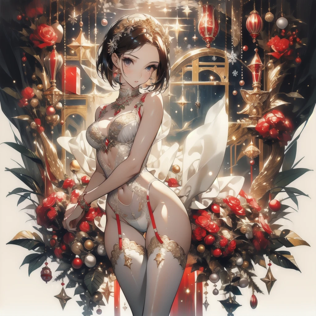 ((masterpiece, best quality)), Delicate face，Beautiful goddess，Christmas，Standing picture，whole body，Perfect body proportions，Long legs，Handsome short hair，beautiful eyes，Fantasy style，White background，Extremely beautiful，transparent，Sexy，Sexy Lingerie