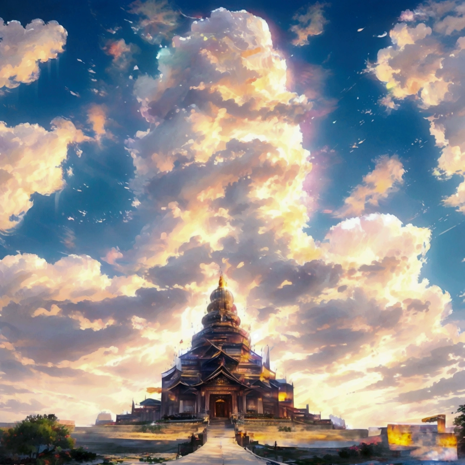 美しいダイヤモンドで飾られたキラキラデジタルペインティングタイのパターンcolorfulな金と白の背景, Thai Temples, Castles in Thailand, Realistic, landscape, heaven, cloud, colorful