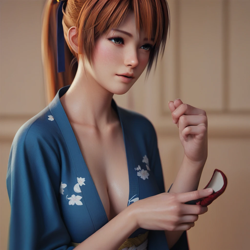 Kasumi de mort ou vif, kimono bleu